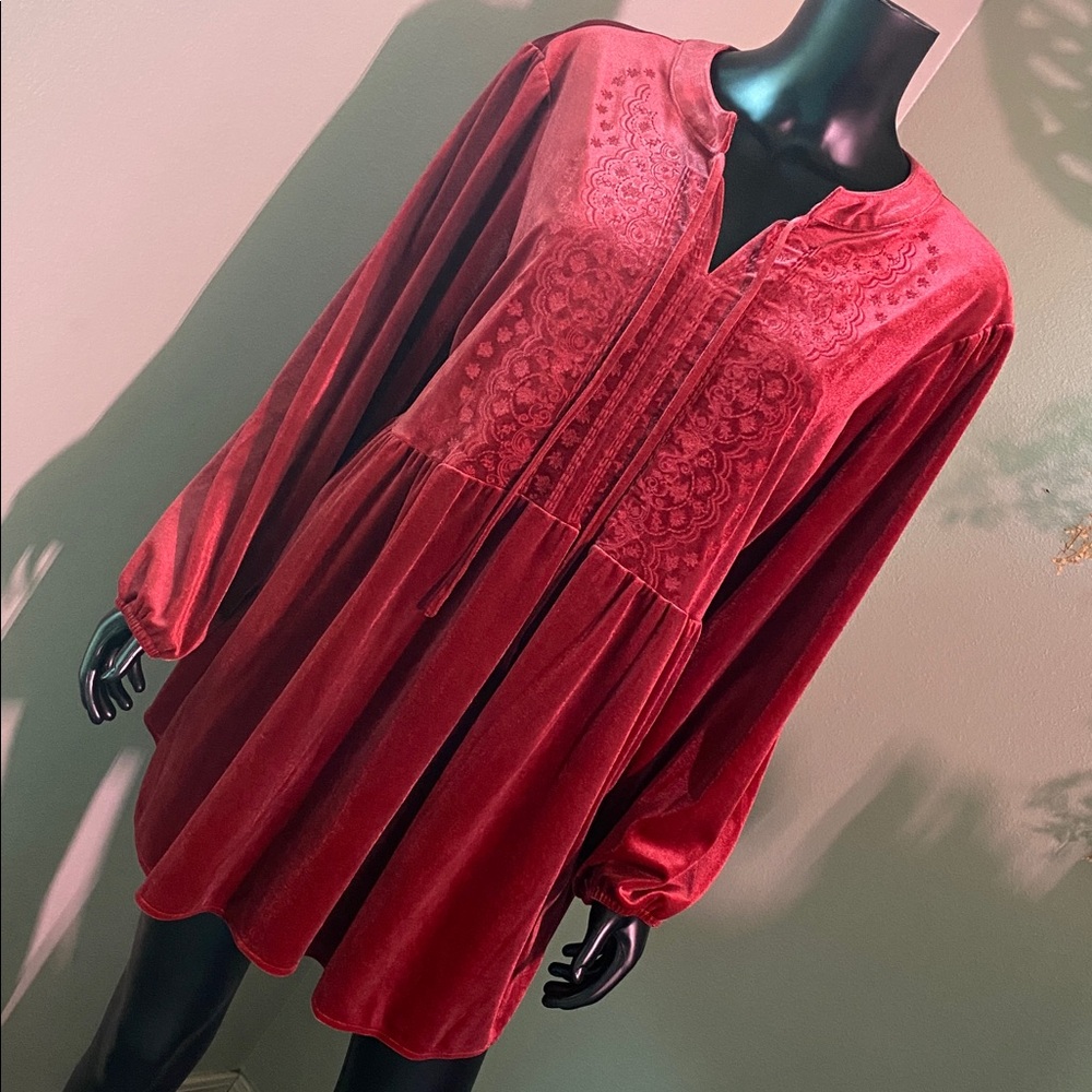 The Pioneer Woman Red Velvet Embroidered Tunic
